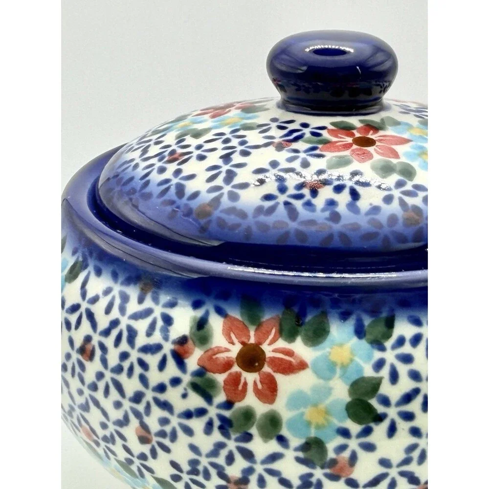 Ceramika Boleslawiec Handmade Blue & White Floral Ceramic Jar with Lid 6” Dia